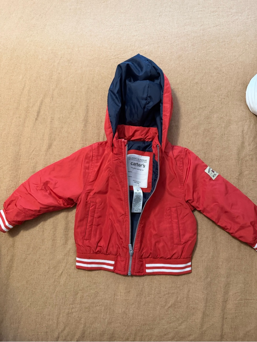 Carter's Red Hooded Puffer Jacket with Navy Lining